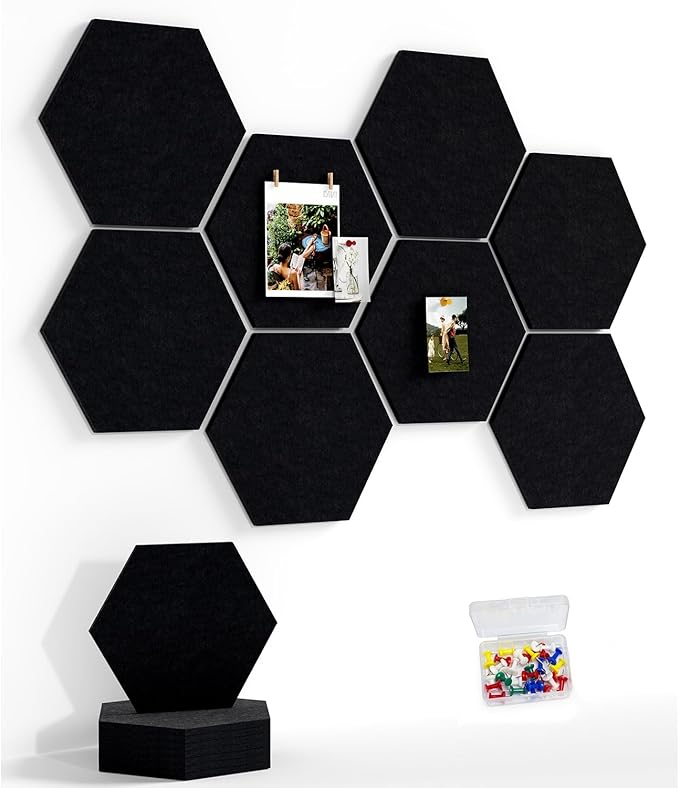 8 Pack Hexagon Felt Bulletin Board Tiles - 11.8" Large Thick Pin Board for Walls with 30 Push Pins, DIY Boards for Office Home School Decor, Aesthetic Hex Cork Board Alternative