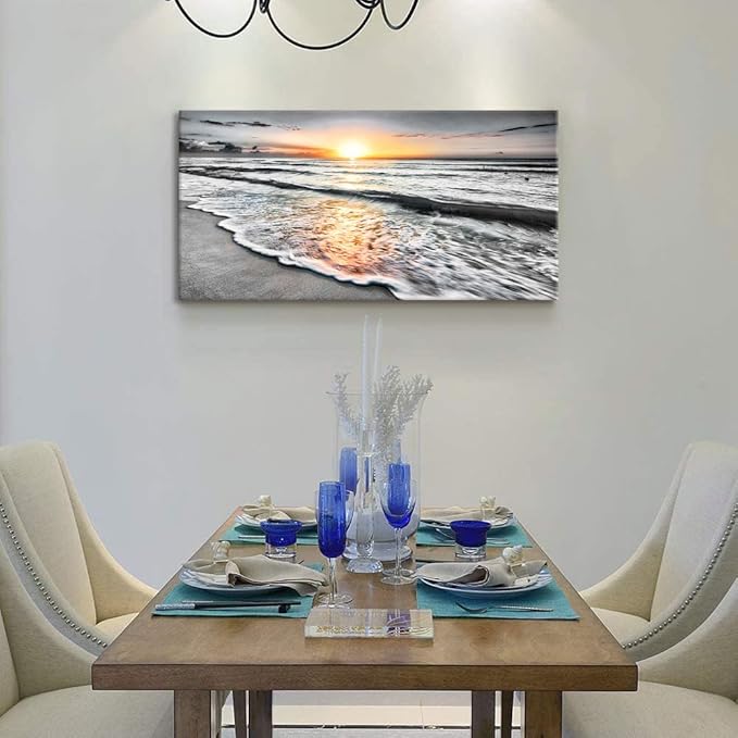 Bamdeya Canvas Wall Art Living Room Black and White Wall Decor Beach Prints Pictures for Bedroom Wall Décor Ocean Posters Room Décor Office paintings Sea Sunset Decorations Framed 20x40inches