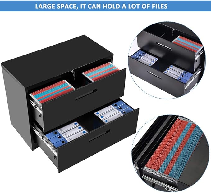 Lateral Filing Cabinet, 2 Drawer Metal Lockable File Cabinet for Commercial Grade Office Legal and Letter File (Black)