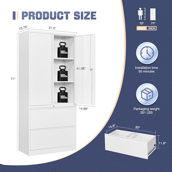 2 Drawer Lateral File Cabinet, Office Storage Cabinet with 2 Wide&Deep Drawers and Locking Doors, White Metal Cabinet with Adjustable Shelves for Home Office, Fits A4/Letter/Legal Size Folders