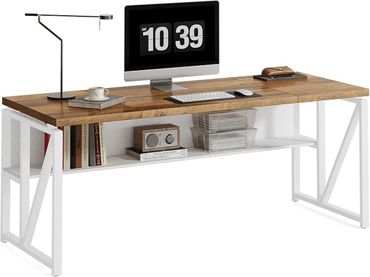 LITTLE TREE 63-Inch Executive Office Desk, Large Computer Desk with Storage Shelf, Executive Desk with Metal Frame, Thickened Desktop, Study Writing Desk Work Station for Home Office, Rustic + White