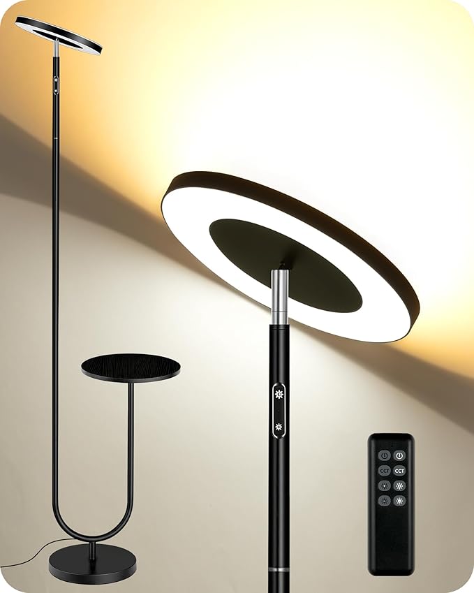 Floor Lamp with Table, Dimmable Standing Light with 3 Temperatures & Remote Control, LED Up and Down Lighting with Tray, Modern Reading Torchiere Corner Lamp for Bedroom Office Black,B24LD05