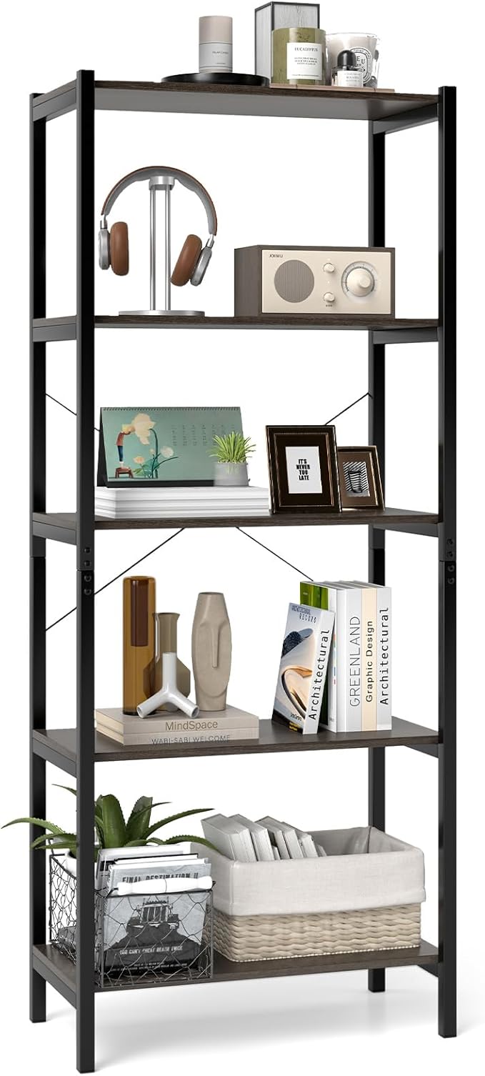 Giantex Industrial 5-Tier Wood Bookshelf - 63.5’’ Tall Open Storage Organizer Shelves with Anti-Tipping Device and Foot Pads, Steel Frame Bookcase Display Rack for Living Room, Bedroom, Office, Grey