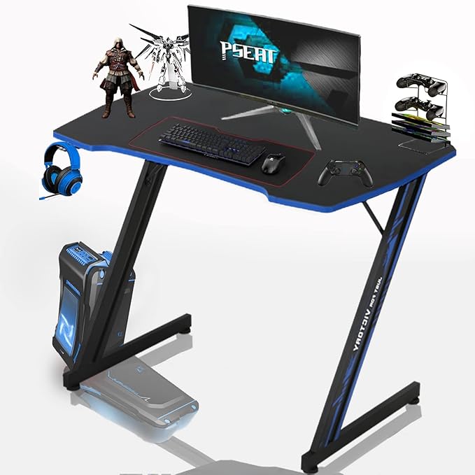 35 in Gaming Desk Z-Shaped Game Computer Desk with Hook Cheap PC Game Table Home Office Desks for Bed Sofa, Gaming Workstation for Kid, Easy to Install, Lightweight to Move, Blue