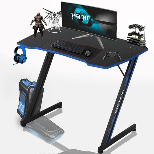 35 in Gaming Desk Z-Shaped Game Computer Desk with Hook Cheap PC Game Table Home Office Desks for Bed Sofa, Gaming Workstation for Kid, Easy to Install, Lightweight to Move, Blue