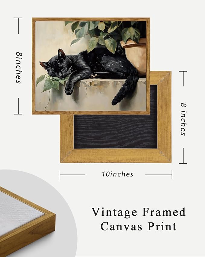 ARPEOTCY Vintage Framed Canvas Wall Art, Sleeping Black Cat Wall Decor, Cute Animal Prints Rustic Aesthetic Home Decor for Living room Bedroom Bathroom 8x10 inch