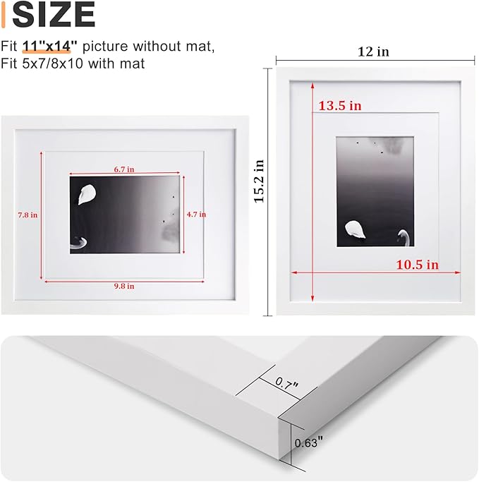 Egofine 11x14 Picture Frames Made of Solid Wood 2 PCS White Covered by Plexiglass - for Table Top and Wall Mounting for Pictures 8x10 or 5x7 with Mat Horizontally or Vertically Display Photo Frame