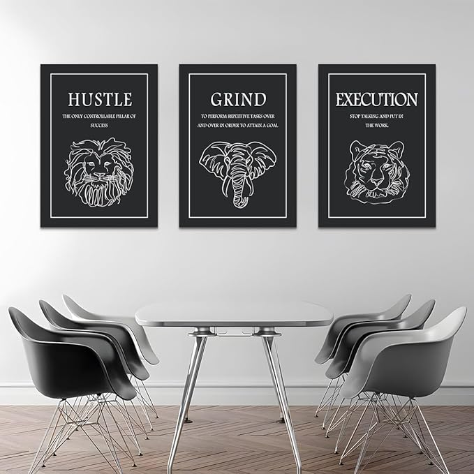3 Panel Grind Hustle Execution Wall Art - Black & White Motivational Wall Decor Office Pictures Artwork Inspirational Quote Canvas Prints for Living Room Gym Home, Framed & Ready to Hang 20"x28"x3