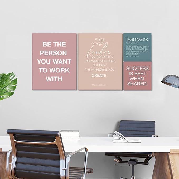 YEOION Inspirational Office Wall Art for Women,Motivational Teamwork Wall Decor for Office,Light Green and Pink Postive Quote Workplace Canvas Wall Art for Set of 6