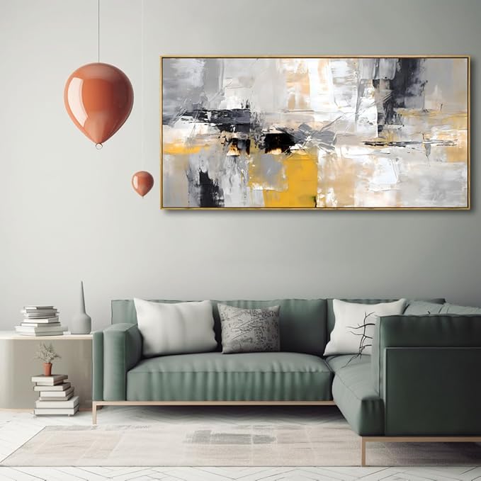Wall Art Yellow Black White and Grey Modern Artwork for Living Room Bedroom Dining Room Home Office Decor 24"x48" with Framed