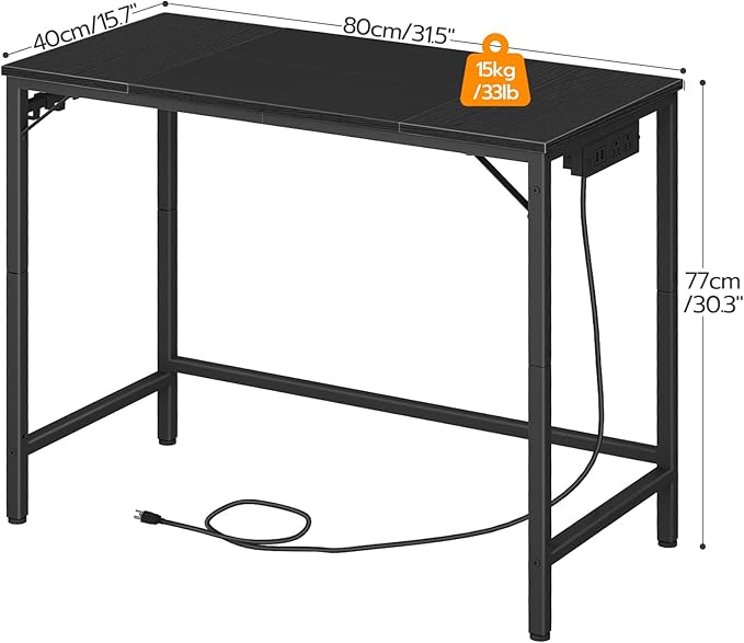HOOBRO Computer Desk, Home Office Desk with Power Outlet, Modern Study Writing Desk with 3 Hooks for Study Room, Home Office, Sturdy and Stable, Easy to Assemble, Black BB40UDN01