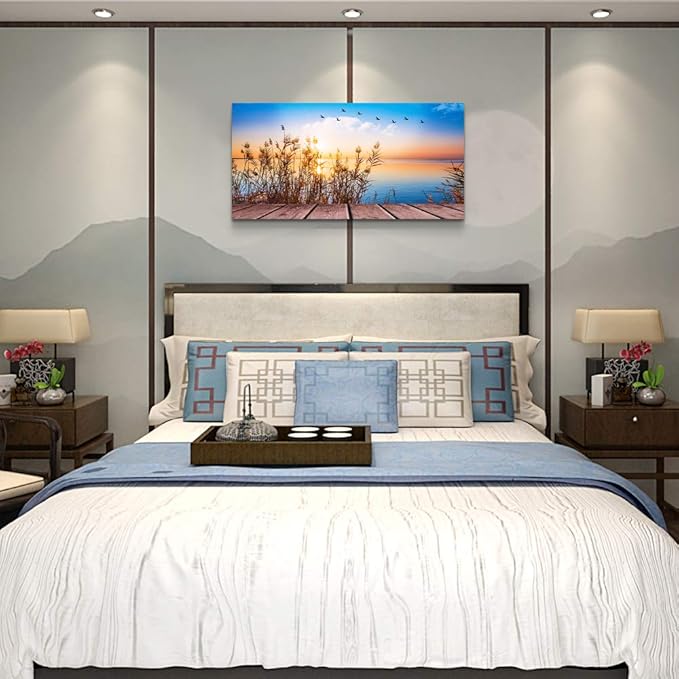 MHARTK66 Beach Sunset Wall Art Coastal Decor Seascape Canvas Prints Ocean Picture for Living Room Artwork for Walls Beach Grass Poster Landscape Painting Bedroom Wall Art Office Home Decoration 20"x 40"