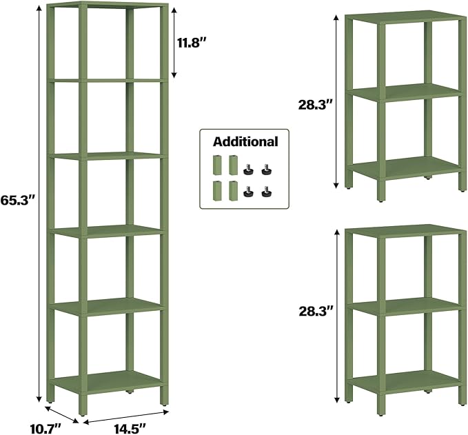 TUTOTAK Bookshelf, 6-Tier Tall Book Shelf, Narrow Bookcase for Small Space, DIY Stackable Bookshelf, for Living Room, Office, Study, Entryway, Industrial, Olive Green BS01BOG006