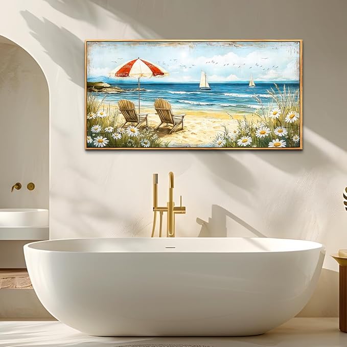 ERQINHUA Large Canvas Wall Art For Living Room Bedroom Wall Decor Office Blue Seaside Landscape Painting Wood Frame Room Bathroom Dining Room Prints Artwork Picture Home Wall Decoration 20x40 In