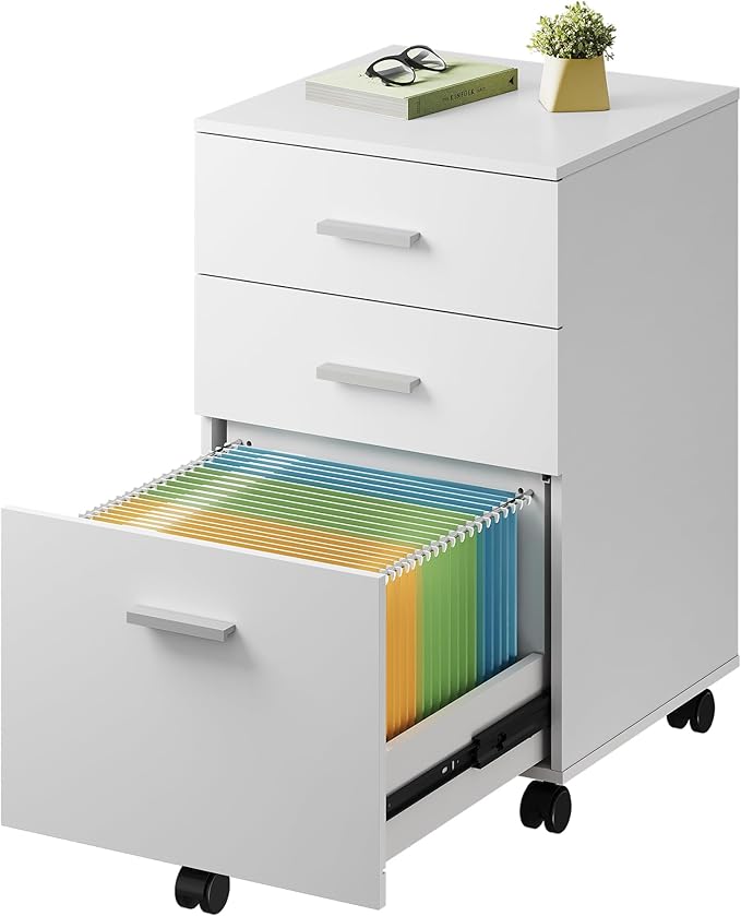 DEVAISE 3 Drawer Wood Mobile File Cabinet, Rolling Filing Cabinet for Letter/A4 Size, White