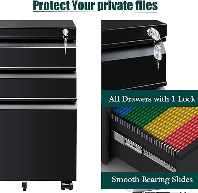 3 Drawer Mobile File Cabinet with Lock, Under Desk Metal Filing Cabinet for Legal/Letter/A4 File, Fully Assembled Except Wheels (Black)