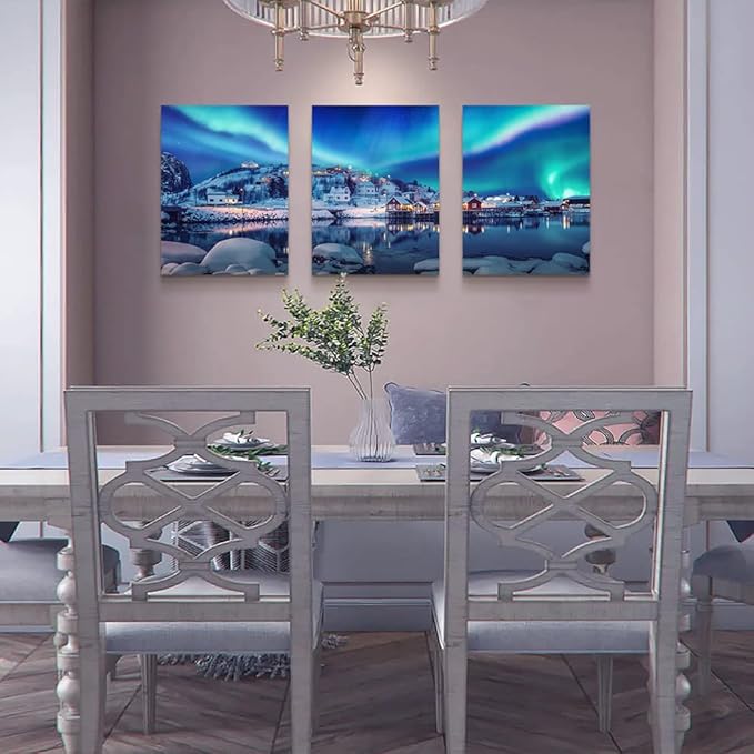 Aurora Landscape Canvas Wall Art - 3 Piece Stretched & Framed Wall Paintings Ready To Hang For Living Room, Bedroom & Office
