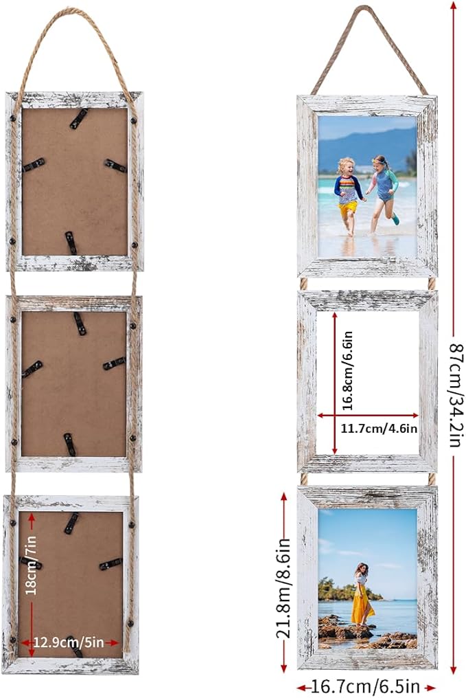Lavezee 5x7 Collage Hanging Triple Picture Frames Set, 6 Opening Distressed White Vertical Frame Made to Display 5 by 7 Inch Photo Prints for Wall Decor