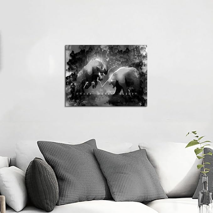 Novatique Money Never Sleeps Inspirational Framed Office Wall Art Trading Bull Wall Decor Creativity Stock Market Bull And Bear Posters for Living Room Bedroom,12 x 16inch