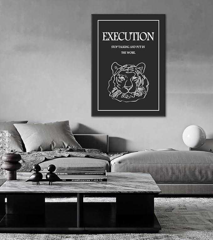 Motivational Execution Wall Art - InspirationalCanvas Print with Tiger Line Drawing, STOP TALKING AND PUT IN THE WORK Quote Poster, Black and White Wall Decor for Office Home Gym, Framed 24"x36"