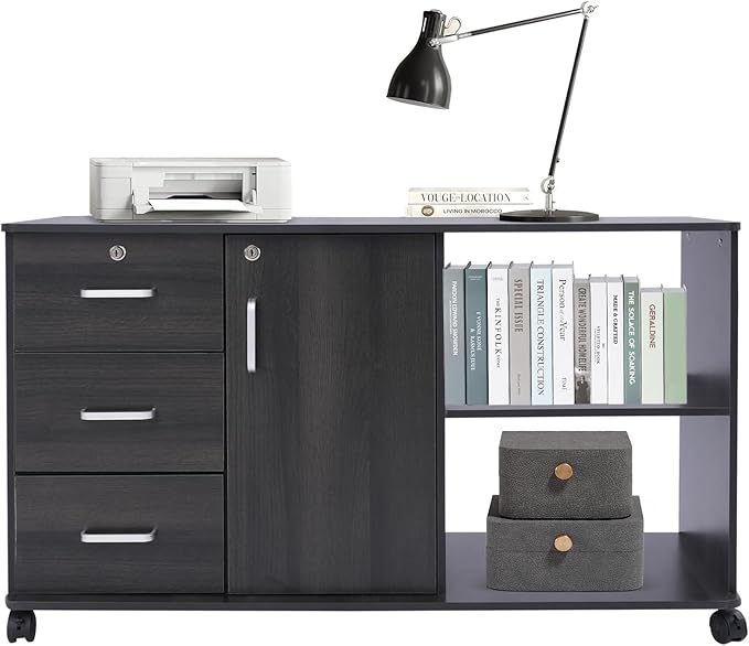 3 Drawer File Cabinet on Wheels, Rolling Printer Stand with Open Storage Shelf, Mobile Lateral Office Storage for Home School Office (Black)