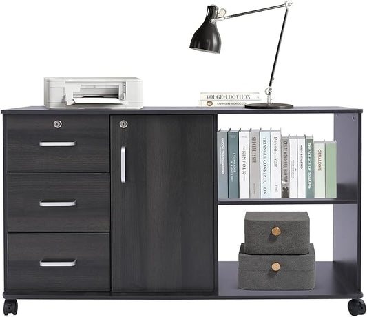 3 Drawer File Cabinet on Wheels, Rolling Printer Stand with Open Storage Shelf, Mobile Lateral Office Storage for Home School Office (Black)