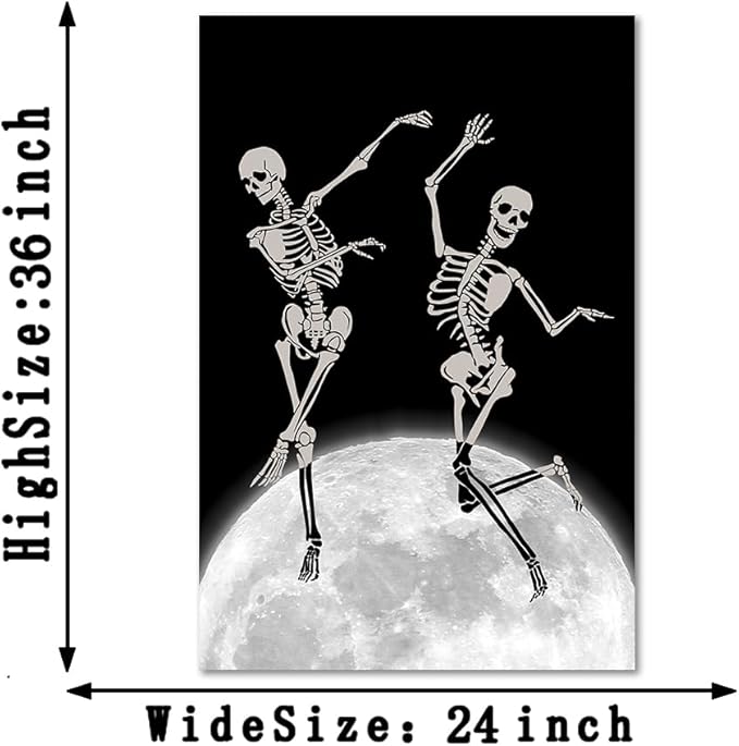 Skeleton Moon Dance Canvas Wall Art, Dark Gothic Home Decoration Funny Skull Dancing on Moon Print, Black & White Wall Decor for Living Room, Bedroom, Bathroom,Office, Framed 24x36 inch