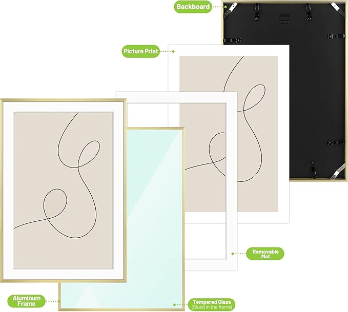 Golden State Art, Gallery Wall Frame Set of 6 - Gold 13x19 Aluminum Photo Frames with Mat for 11x17 Pictures - 13 x 19 inch Metal Frame with Real Glass Cover - Elegant Home or Office Decor