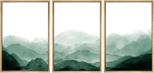 SIGNWIN Framed Canvas Print Wall Art Green Watercolor Mountains in Fog Nature Wilderness Illustrations Modern Art Rustic Scenic Relax/Calm Cool for Living Room, Bedroom, Office - 16"x24"x3 Natural