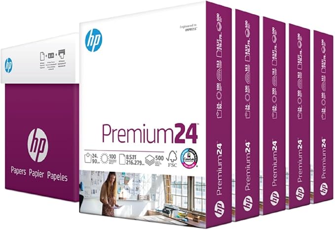HP Printer Paper | 8.5 x 11 Paper | Premium 24 lb | 5 Ream Case - 2500 Sheets | 100 Bright | Made in USA - FSC Certified | 115300C