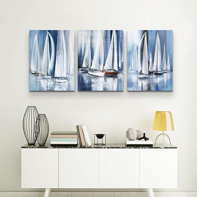 3 Piece Framed Canvas Wall Art For Living Room Bathroom Bedroom Wall Art Decor Ocean Landscape Sailboat Abstract Canvas Painting Ready To Hang Office Home Decoration Sea Poster Pictures Wall Artworks