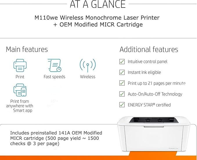Renewable Toner RT M110we Check Printer, Wireless Monochrome Office Printer, Fast speeds, Easy Check Printing Setup, Preinstalled 141A MICR Cartridge, Best for Small Businesses
