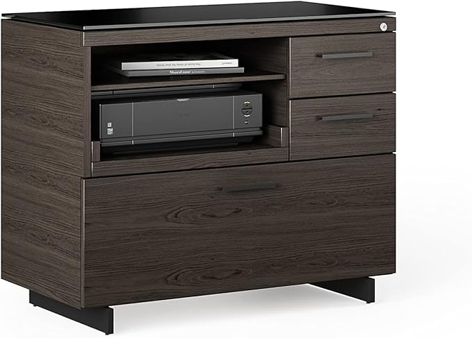 BDI Furniture Sequel 20 6117-35'' Locking Lateral 3-Drawer File Cabinet with Letter or Legal-Size File Drawer, 2 Drawers, Printer Tray, Adjustable Shelf, Charcoal Stained Ash, Black