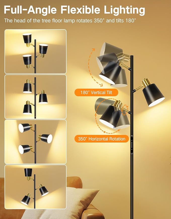 OUTON Tree Floor Lamp, LED Dimmable Floor Lamp with Remote and Touch Slide Control, 4 Color Temperatures, 3 Rotatable Lights, Modern Standing Lamp for Living Room Bedroom Office, Black Gold