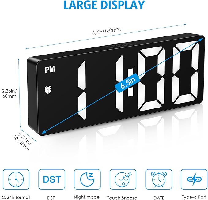AMIR Digital Alarm Clock, Upgraded Small Digital Clock, Digital Clock Large Display, Dimmable Snooze DST 12/24H, Desk Clock for Home School Office