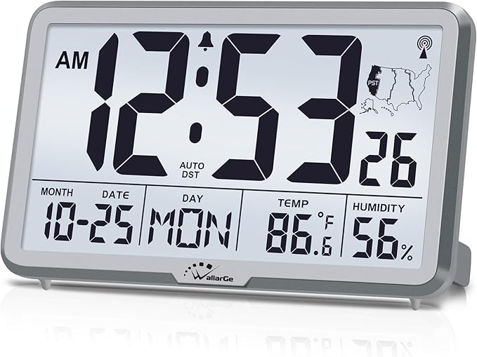 WallarGe Atomic Wall Clock with Backlight, Digital Wall Clock Battery Operated for Classroom, Bedroom, Office, Large Display with Indoor Temperature, Humidity, Date, AUTO DST, 6 Time Zones