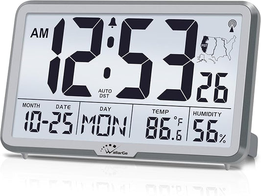 WallarGe Atomic Wall Clock with Backlight, Digital Wall Clock Battery Operated for Classroom, Bedroom, Office, Large Display with Indoor Temperature, Humidity, Date, AUTO DST, 6 Time Zones