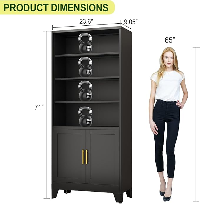 Metal Bookcase with Doors, 71" Tall Bookcase with Storage, Floor Industrial Bookshelves and Bookcases 6 Tier Shelf Dispaly Storage Shelves for Home Office, Living Room, Bedroom, Black