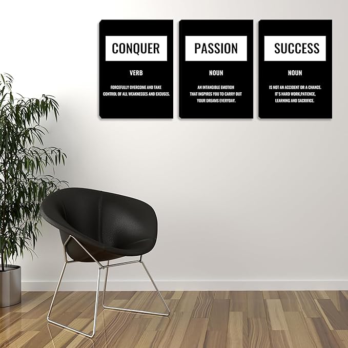 Motivational Black and White Success Wall Art Inspiring Canvas Wall Art for Bedroom 3 Piece Inspirational Modern Painting Wall Decor Pictures Poster Prints Bedroom Living Room Office Decor (60"Wx28"H)