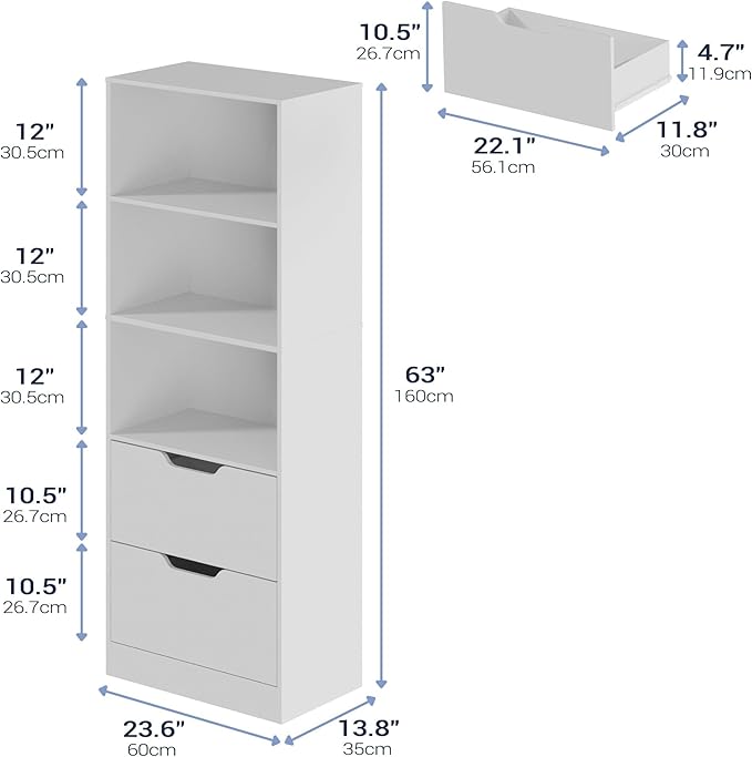 Bookcase with 2 Drawers, 63" 3-Tier Bookshelf with Storage, 3 Shelf Bookcase with Adjustable Shelf, Modern Bookshelf, Open Shelves Bookshelf for Study, Bedroom & Home Office, White