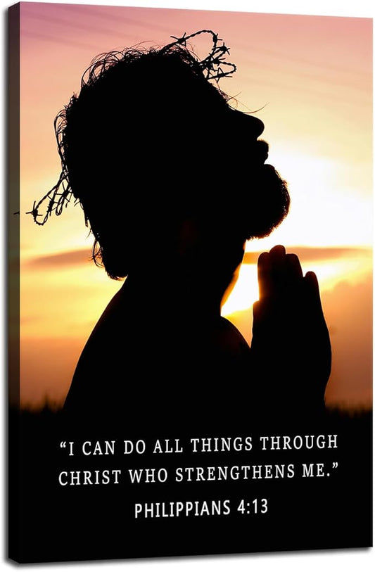 Religious Wall Decor“I Can Do All Things Through Christ”Philippians 4:13 Bible Verse Poster Inspirational Wall Art Jesus Silhouette with Crown Inspirational Quote for Church Home Indoor[12" W X 18" H]
