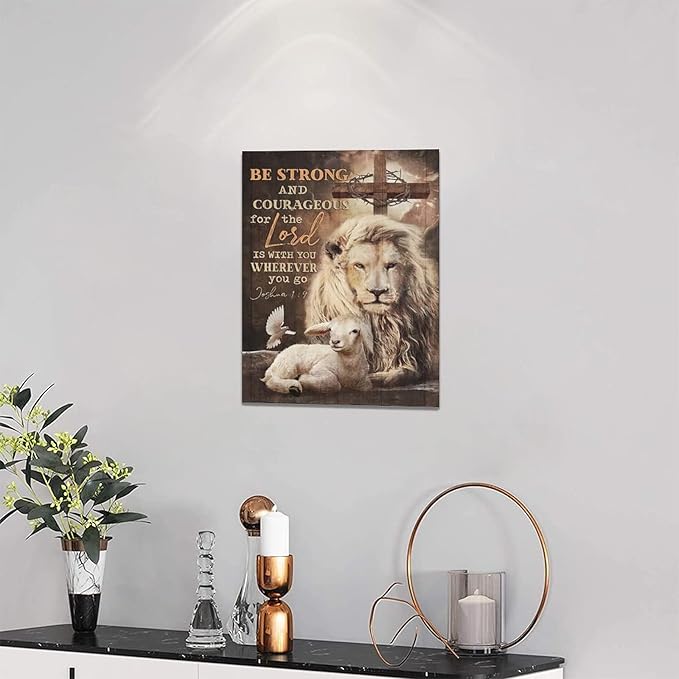 yerretin Lion Of Judah Wall Art Christian Bible Verses Pictures Wall Decor Religious Lamb Lion Canvas Painting Modern Home Artwork for Bathroom Bedroom Office Living Room Framed 12"x16"
