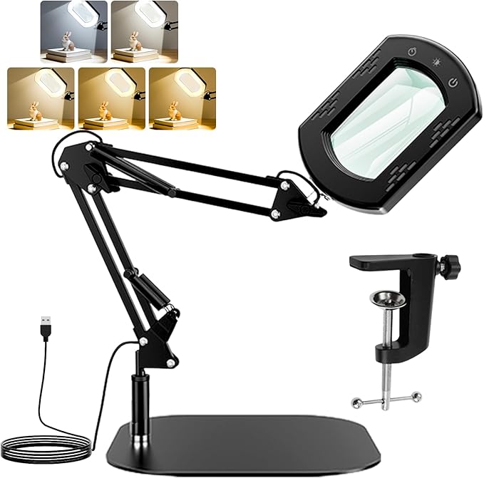 10X Magnifying Glass with Light and Stand 11" Base 5 Color Modes Dimmable LED Desk Magnifying Lamp with Clamp Hands-Free Lighted Magnifier for Reading Craft Sewing Close Work Diamond Painting