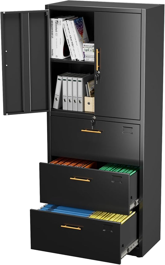 Office File Cabinet with 3 Drawers,Metal Filing Cabinet with Doors for Home Office School for Hanging Letter/Legal/F4/A4 Size Folders,Required Assembly,Black