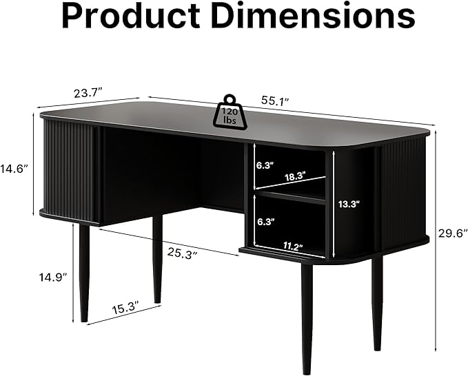 55" Modern Writing Desk with Storage, Wood Home Office Desk with Sliding Doors, Computer Desk for Home Office, Dorm, Living Room, Home Study Table, Black
