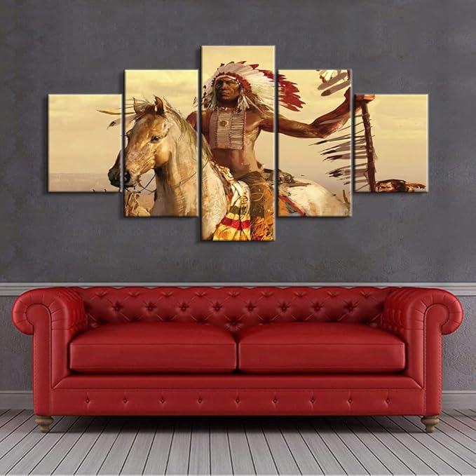 YOUHONG Native American Wall Art | Chief with Horse Design | 5-Panel Set with High-Definition Printing, Ready to Hang for Indian Home Decor, Native American Wall Decor, Size 50" W x 24" H