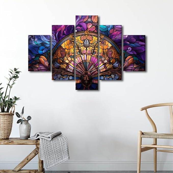 Abstract Canvas Wall Art for Home Modern Stained Glass Style Poster Decor Swirls Flowers Canvas Art 5 Panel Wall Art for Lady Bedroom Wall Decoration Stretched and Framed Ready to Hang 60x40 in