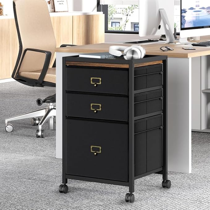 PULLAFUN 26.3" H 3 Drawer File Cabinet, Rolling File Cabinet Under Desk, Mobile File Cabinets for Home Office Vertical Office Storage Cabinet for Letter Size File Folders, Black