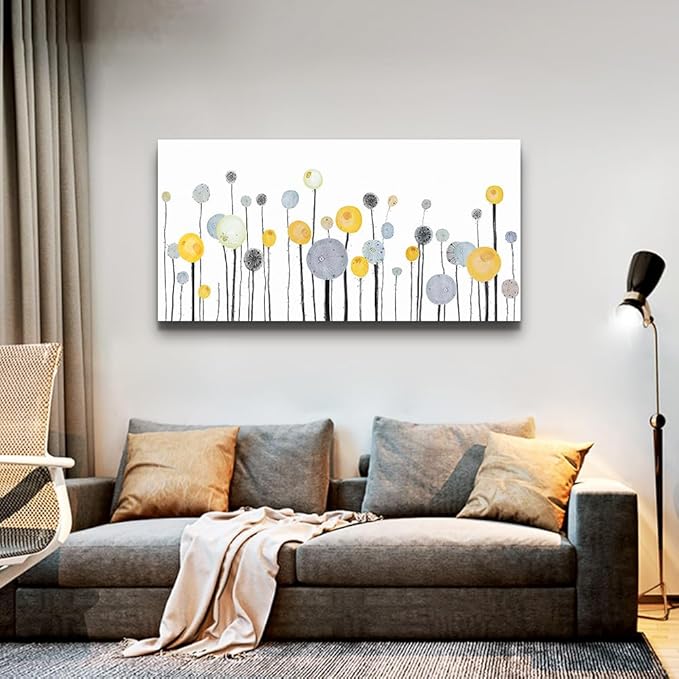 MHARTK66 Abstract Canvas Wall Art Dandelion Modern Minimalist Wall Decor – Neutral Yellow Gray Watercolor Paintings Stretched Ready to Hang Pictures for Living Room Bedroom Bathroom Home Office 30x60