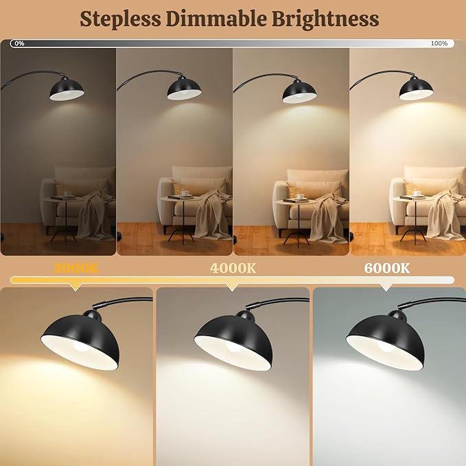 Arc Floor Lamps for Living Room, 72" Modern Tall Lamp with Remote Control and Stepless Dimmable 9W LED Bulb, Over Couch Arched Reading Lamp for Bedroom, Office(Black)